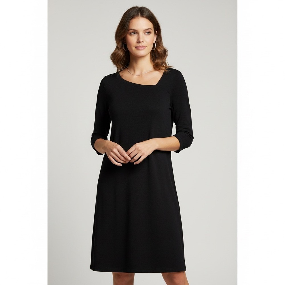 EILEEN FISHER Black‎ Knit Shift Dress Half Sleeves Asymmetrical Neckline X-Small